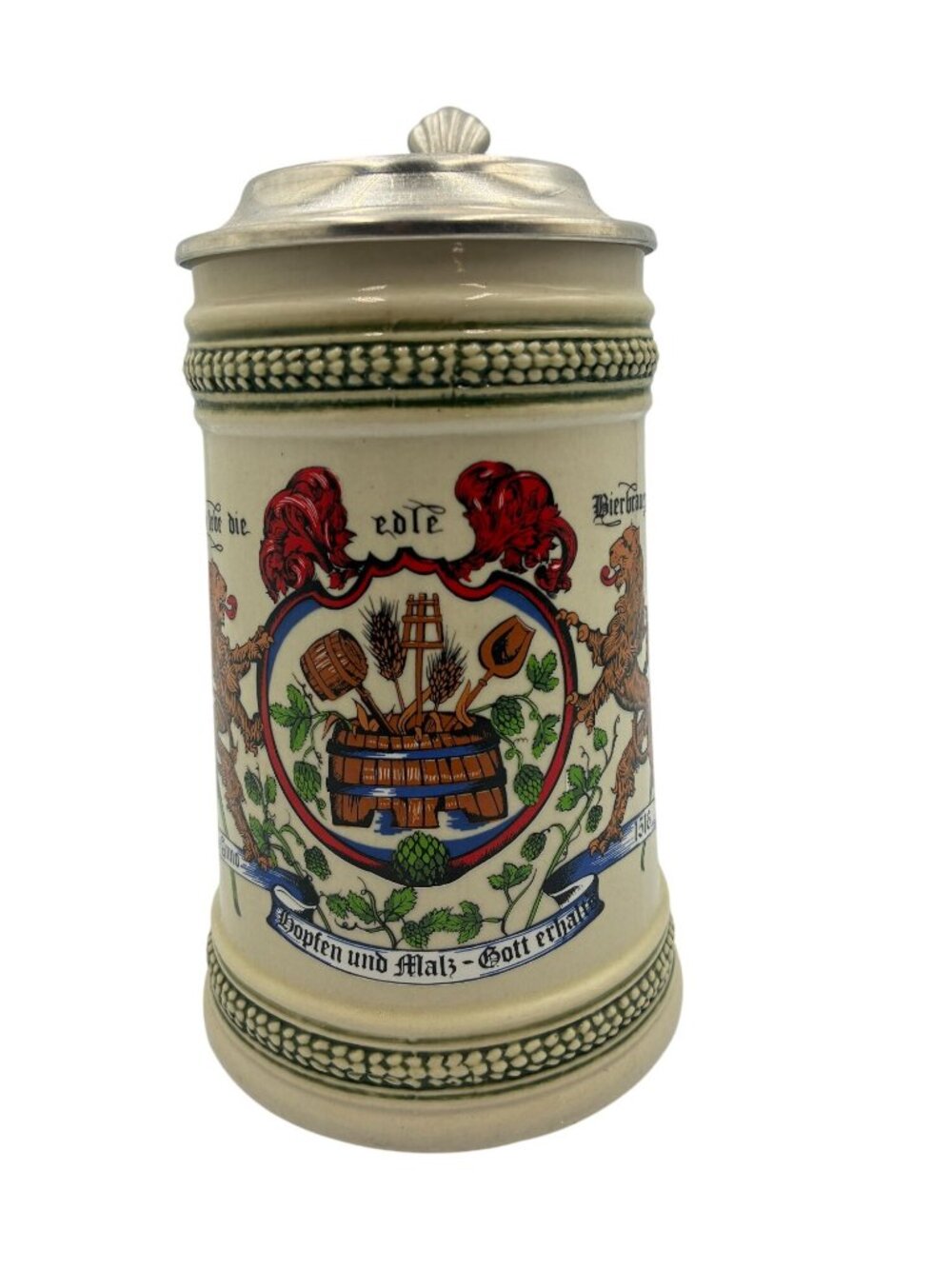 German Beer Stein With Lid Ceramic Hand-Painted Hopfen Und Malz 0.5L Collectible